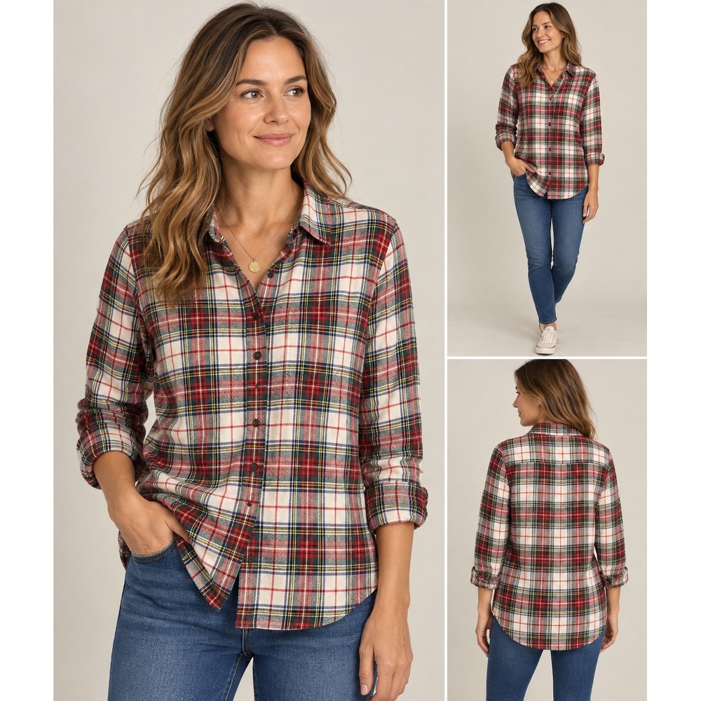 L.L.Bean Flannel Shirt Size L Red White Green Plaid Relaxed Fit Cotton Button Up